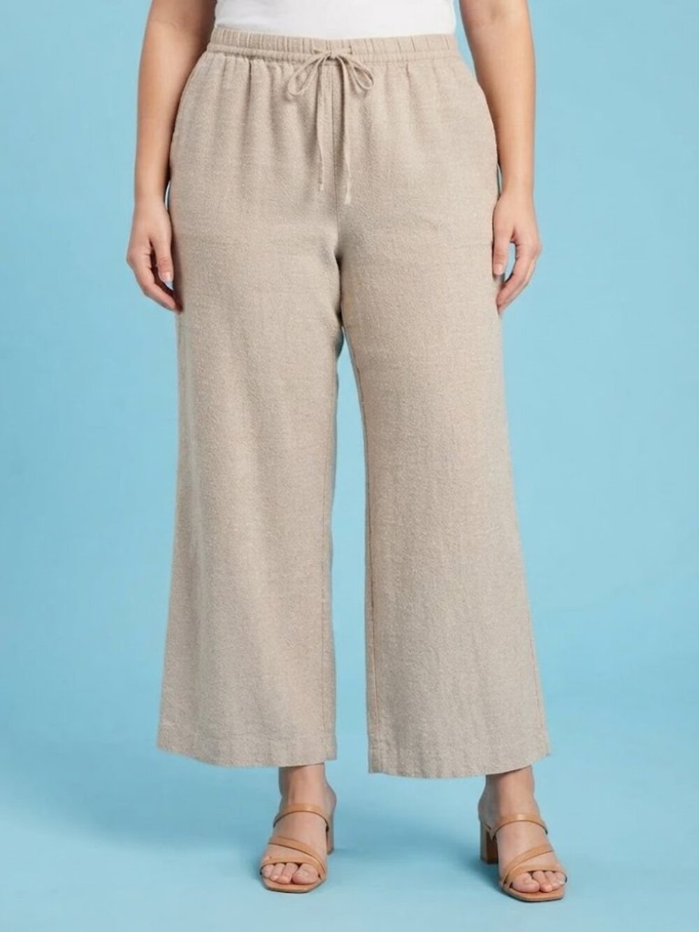 Beige Wide Leg Linen Blend Pants
